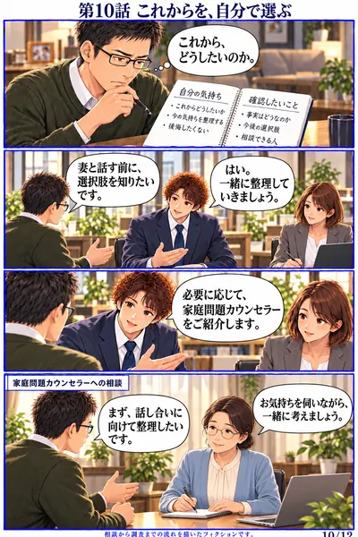 男性依頼者編 第10話 これからを、自分で選ぶ。男性が今後の希望を伝え、相談員が弁護士や家庭問題カウンセラーなどの相談先を案内する