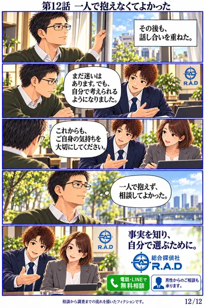 男性依頼者編 第12話 一人で抱えなくてよかった。男性が相談から調査までを振り返り、自分で次の一歩を考える
