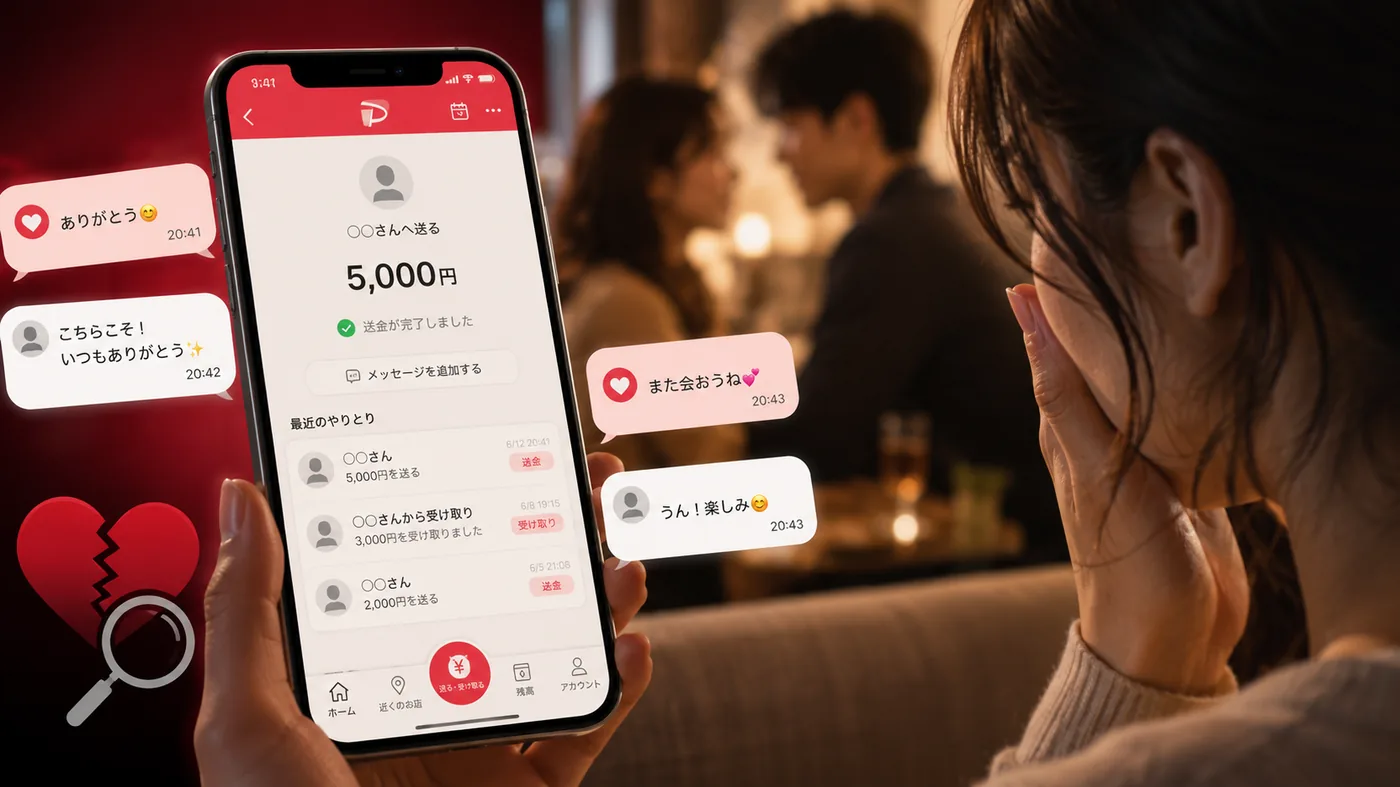 PayPayの送金画面とチャットのやり取り、背景で密会するカップル——PayPay不倫・浮気のイメージ