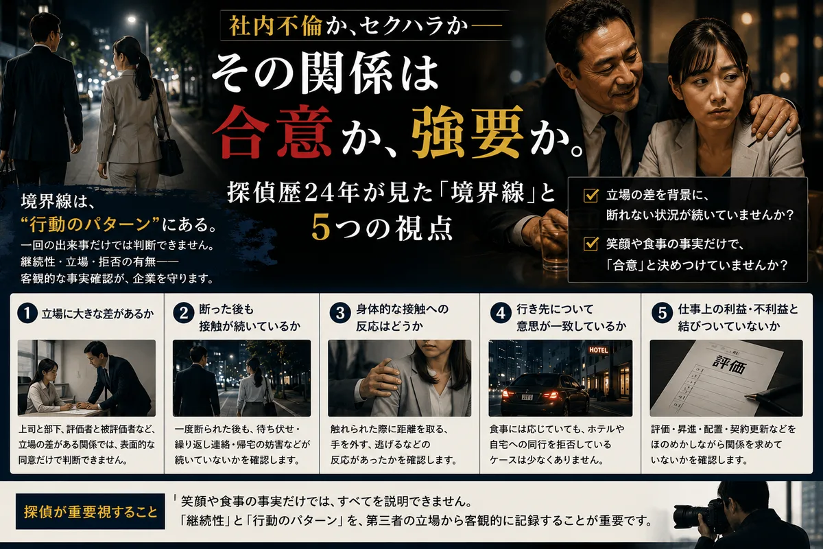 社内不倫かセクハラか——その関係は合意か強要か。探偵歴24年が見た境界線と5つの視点|総合探偵社R.A.D