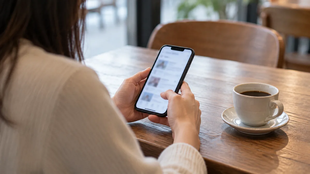 スマートフォンで検索結果を見比べる手元