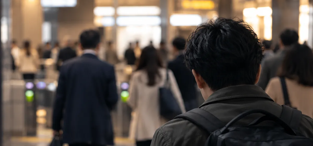 駅の改札付近を歩く人の後ろ姿