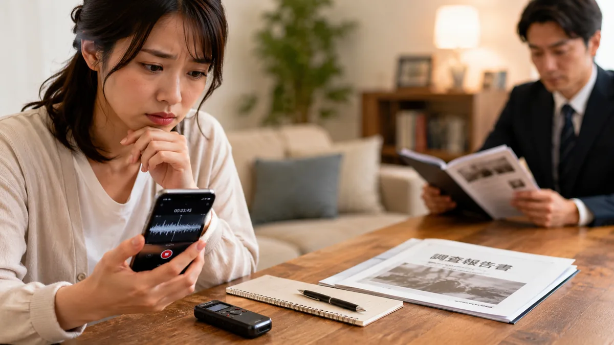 スマートフォンで会話を録音する女性と、調査報告書を確認する探偵