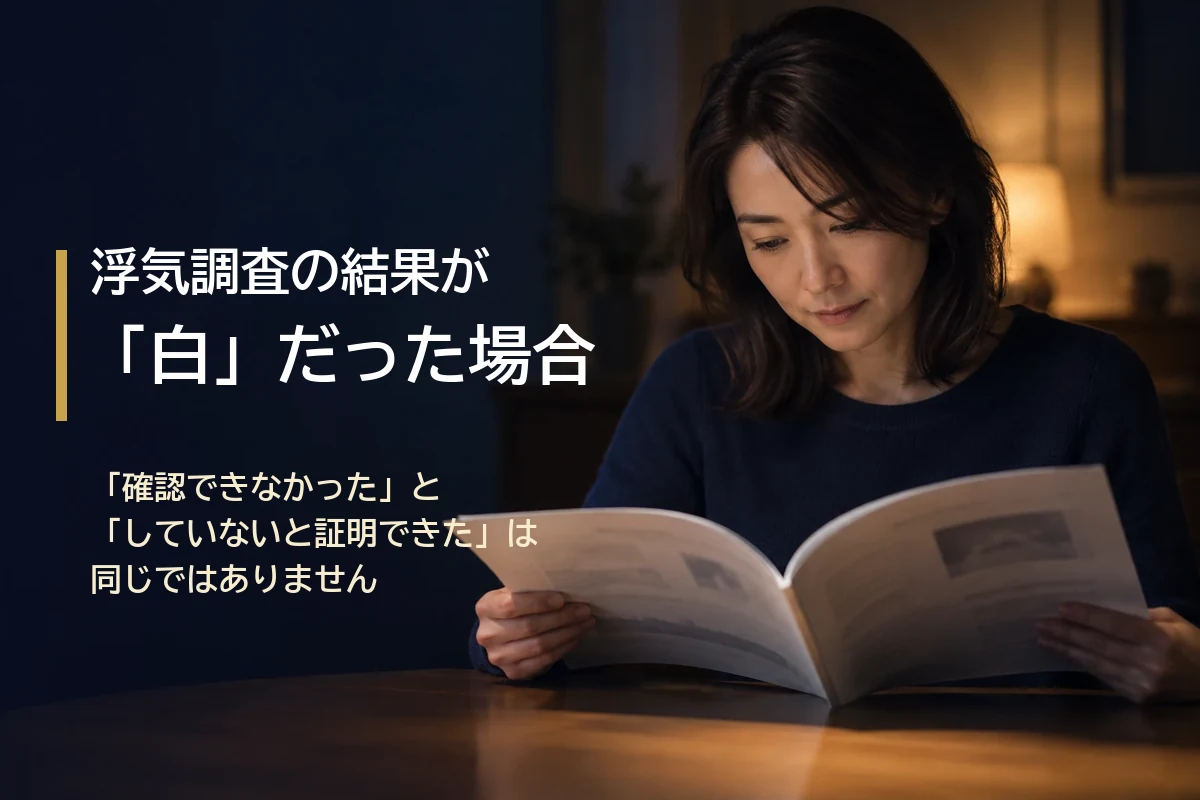 浮気調査の結果が「白」だった場合:調査報告書を読む女性。「確認できなかった」と「していないと証明できた」は同じではありません