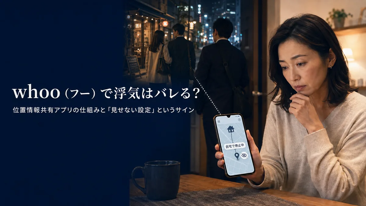 whoo（フー）で浮気はバレる？——位置情報アプリの「自宅で停止中」表示を見つめる女性