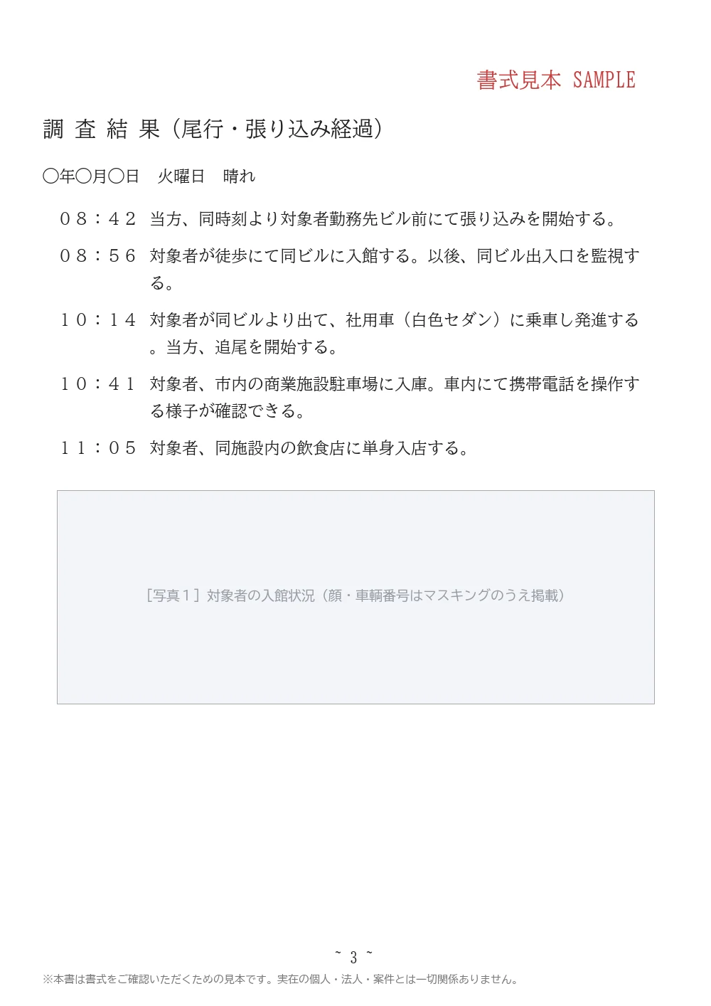 法人向け調査報告書の書式見本 3ページ目｜調査結果（時系列ログ）
